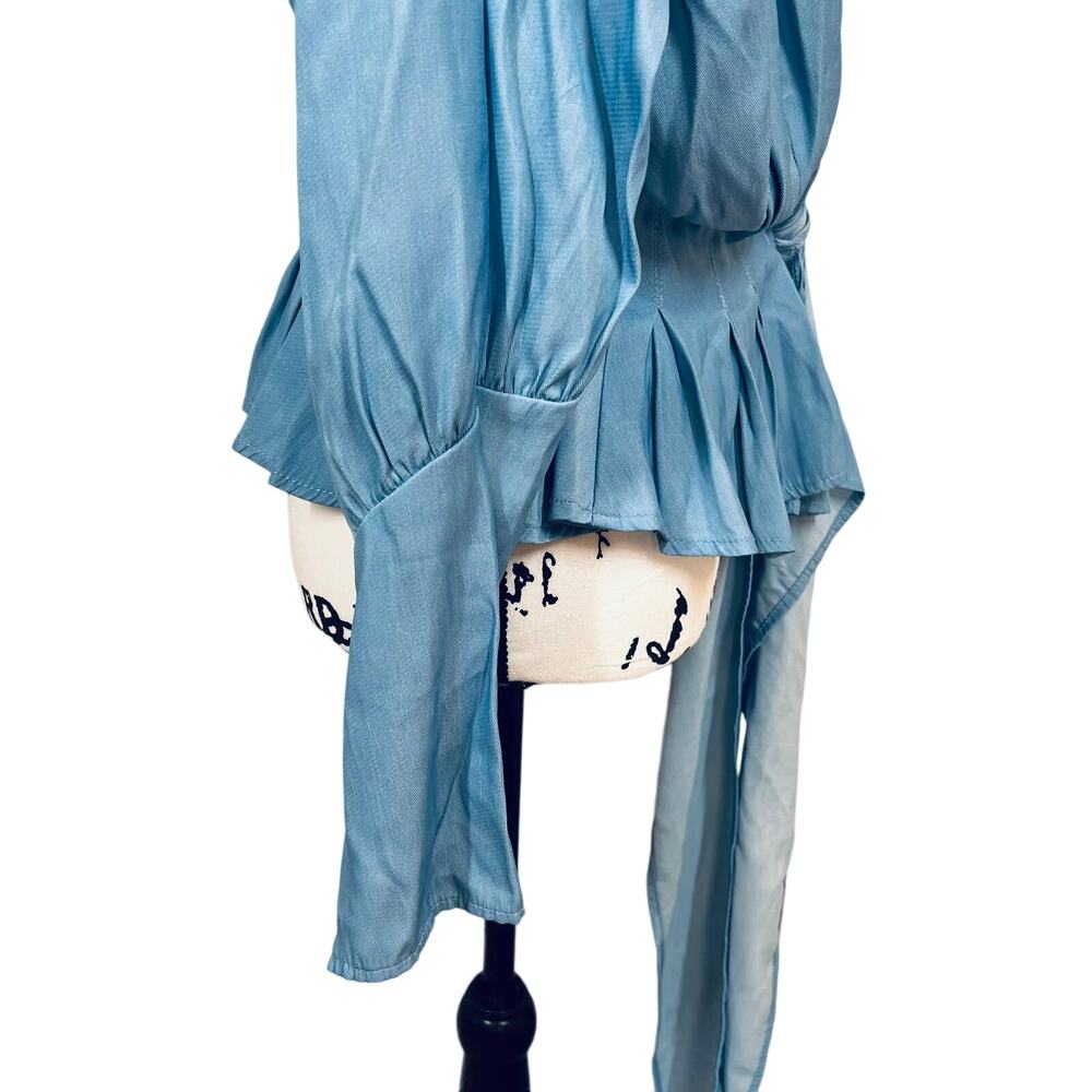 shein blue tie-front blouse features a draped, voluminous silhouette size L - Picture 8 of 13
